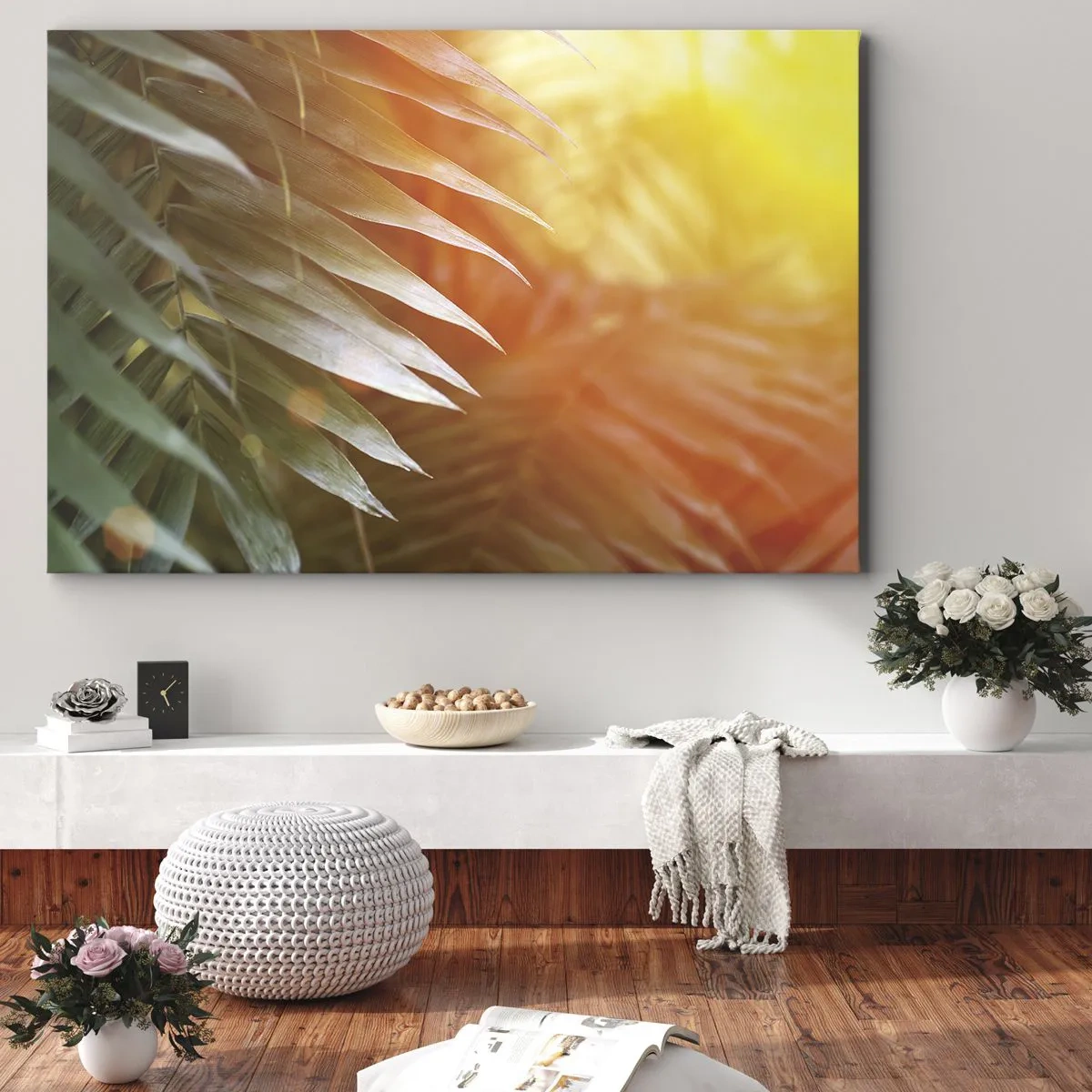 Canvastavla - Bild på duk - Palmblad i solnedgångens strålar - 70x50cm - En morgon i djungeln - Modern väggdekoration för vardagsrum och sovrum ARTTOR