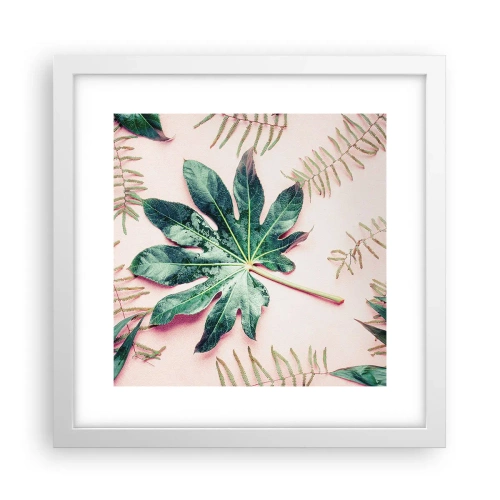 Affisch i vit ram - Grönskans studie mot rosa bakgrund - 30x30 cm