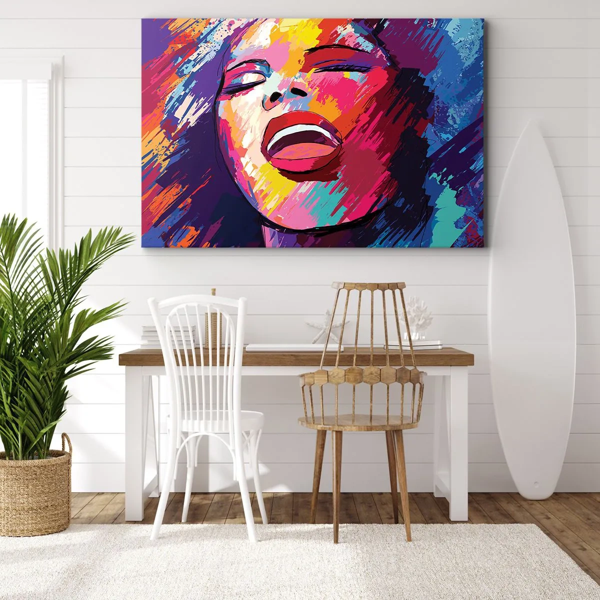 Canvastavla - Bild på duk - Abstrakt porträtt av en kvinna i livfulla färger - 70x50cm - Sjunga ut hela livet - Modern väggdekoration för vardagsrum och sovrum ARTTOR