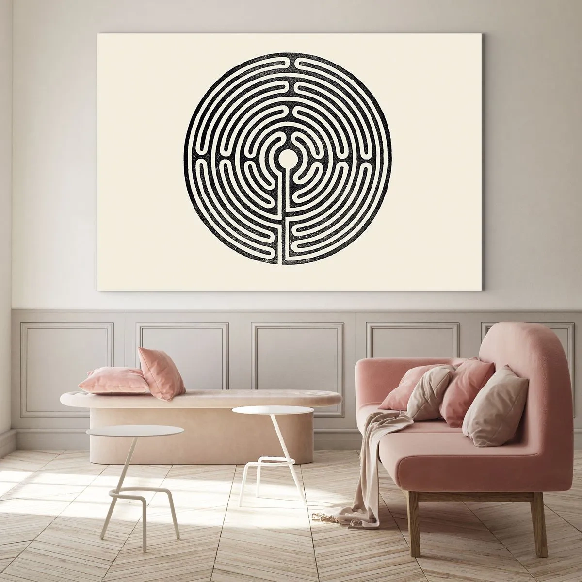 Glastavla - Bild på glas - En svartvit labyrint i en cirkulär form mot en ljus bakgrund. - 70x50cm - Mystisk ordning - Modern väggdekoration för vardagsrum och sovrum ARTTOR