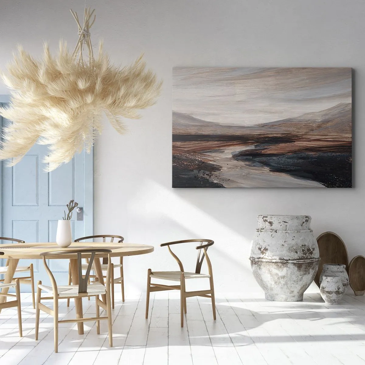 Canvastavla - Bild på duk - Ett pittoreskt landskap med en flod och berg - 70x50cm - Fridfull dal - Modern väggdekoration för vardagsrum och sovrum ARTTOR