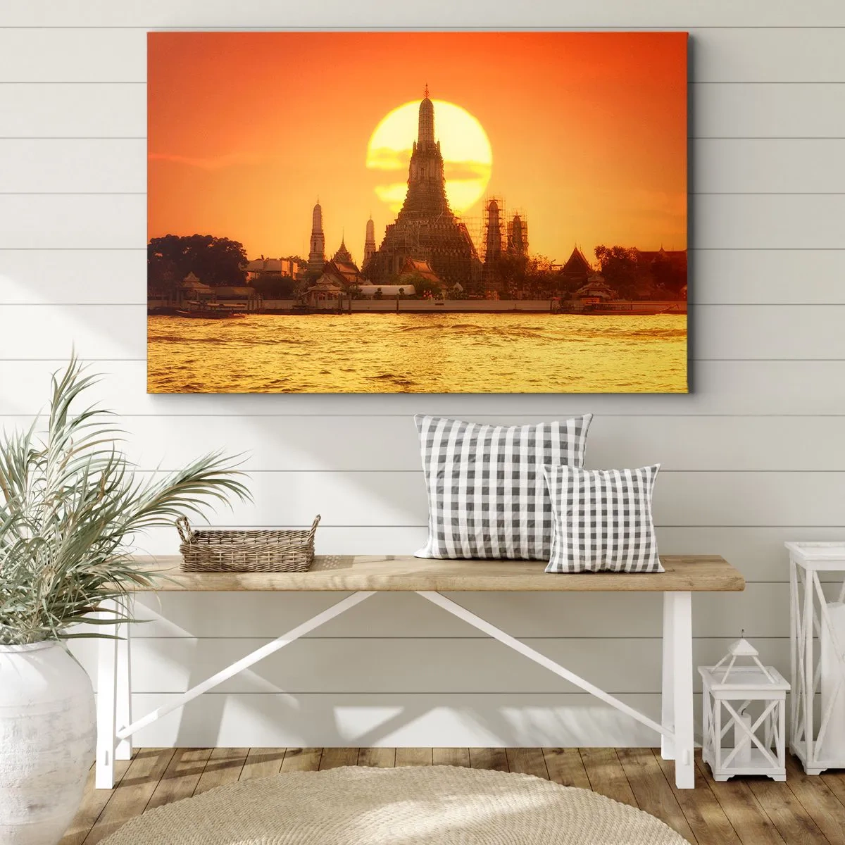 Canvastavla - Bild på duk - Solnedgång över templet med reflektion i vattnet - 70x50cm - Mot solen, alltid mot solen - Modern väggdekoration för vardagsrum och sovrum ARTTOR
