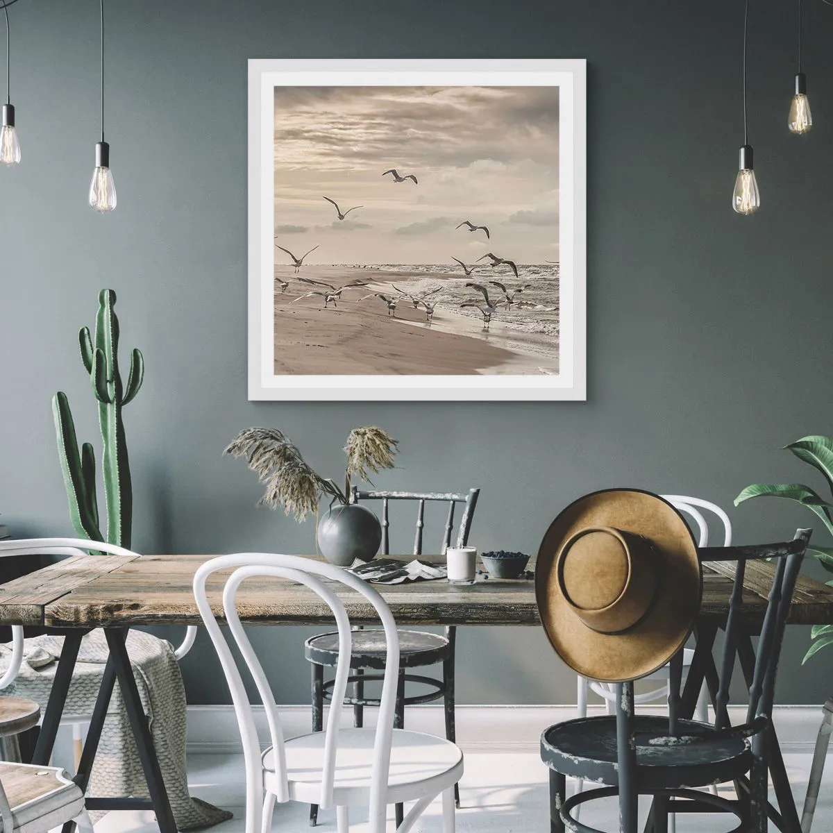 Affisch i vit ram - Havets brus, fågelsång - 30x30 cm