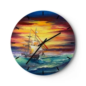 Väggklocka - Klocka på glas - Ett segelfartyg i ett stormigt hav vid solnedgången - 30x30cm - Modigt mot vågorna - Modern väggdekoration för vardagsrum, kök och sovrum ARTTOR