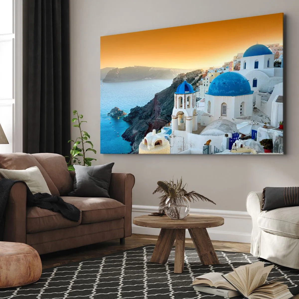 Canvastavla - Bild på duk - Utsikt över Santorini med vita byggnader och blått hav - 70x50cm - Santorini - inbäddat i berg - Modern väggdekoration för vardagsrum och sovrum ARTTOR