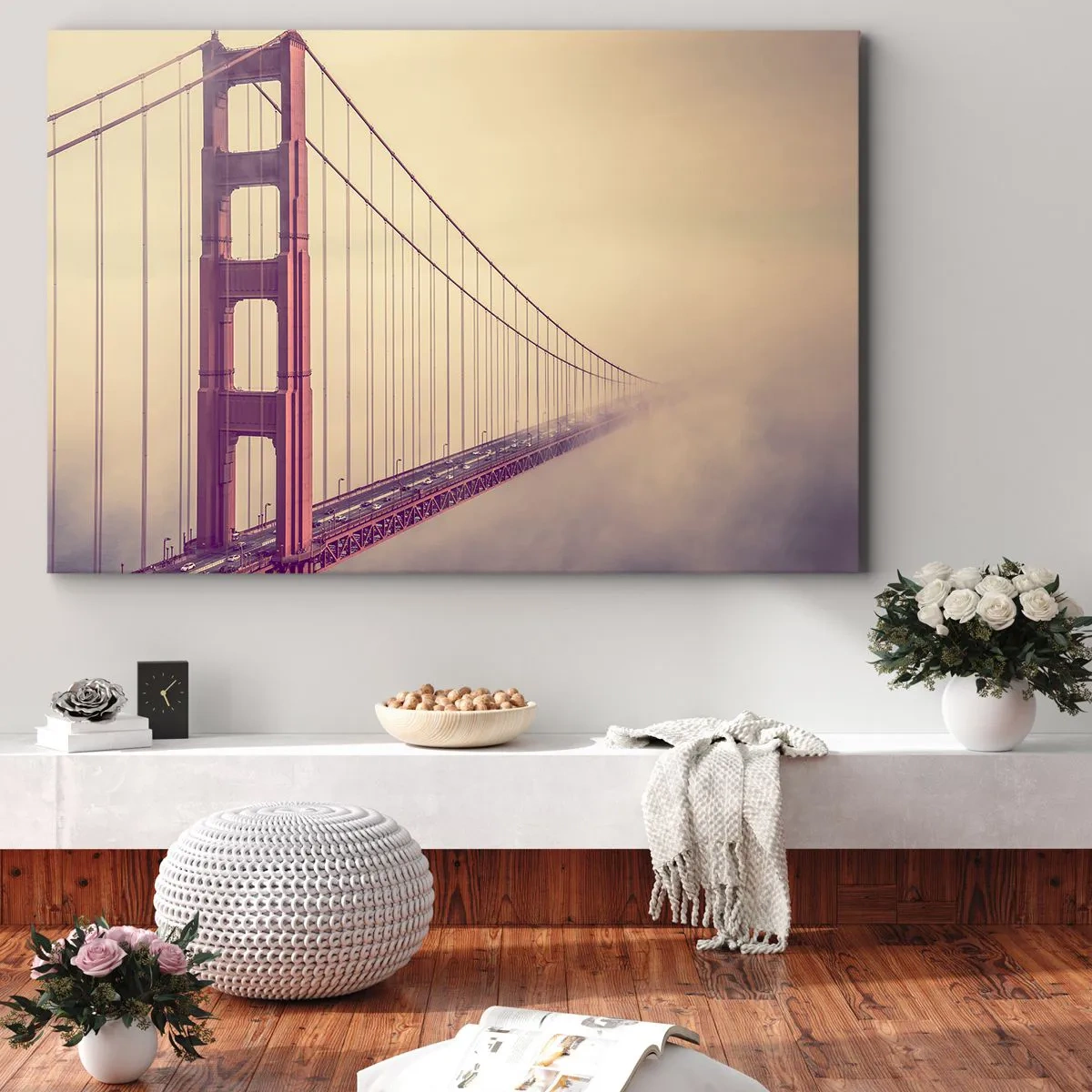 Canvastavla - Bild på duk - En bro i dimman i pastellfärger, en symbol för elegans och fred - 70x50cm - Mellan himlen och jorden - Modern väggdekoration för vardagsrum och sovrum ARTTOR