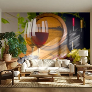 Självhäftande Fototapet Deluxe Sticker - Som hos gamla mästare - Vinfat, Druva, Ett glas vin - 250x175 cm