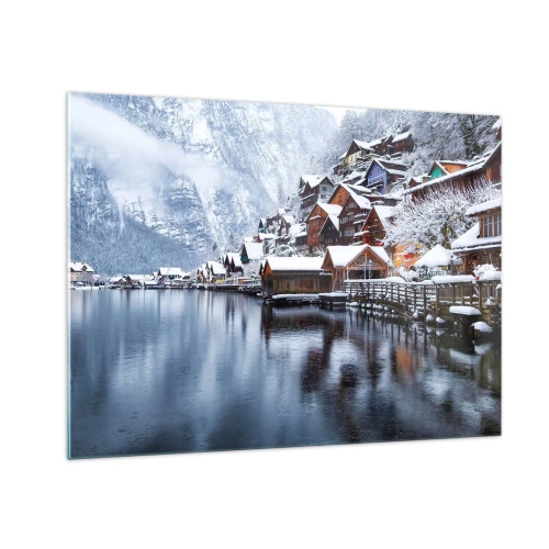 Glastavla - Bild på glas - En bergsby vid en sjö, täckt av snö i ett vinterlandskap - 70x50cm - I vinterns dräkt - Modern väggdekoration för vardagsrum och sovrum ARTTOR