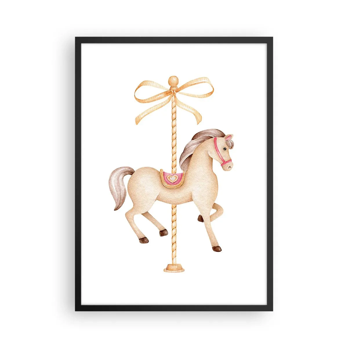 Affisch i svart ram - En delikat illustration av en karusellhäst i pasteller - 50x70cm - Med en graciös trav - Modern väggdekoration för vardagsrum och sovrum ARTTOR