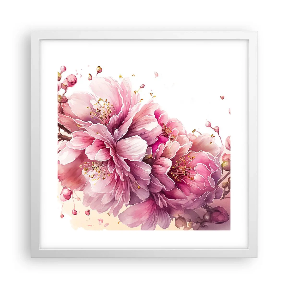 Affisch i vit ram - Blommande körsbärsblomma - 40x40 cm