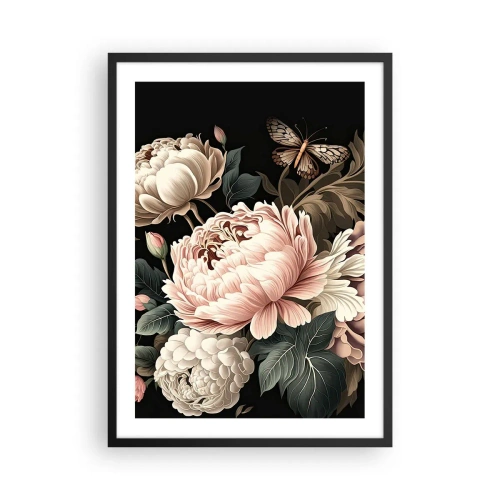 Affisch i svart ram - Eleganta pioner och en fjäril på svart bakgrund - 50x70cm - I barockstil - Modern väggdekoration för vardagsrum och sovrum ARTTOR