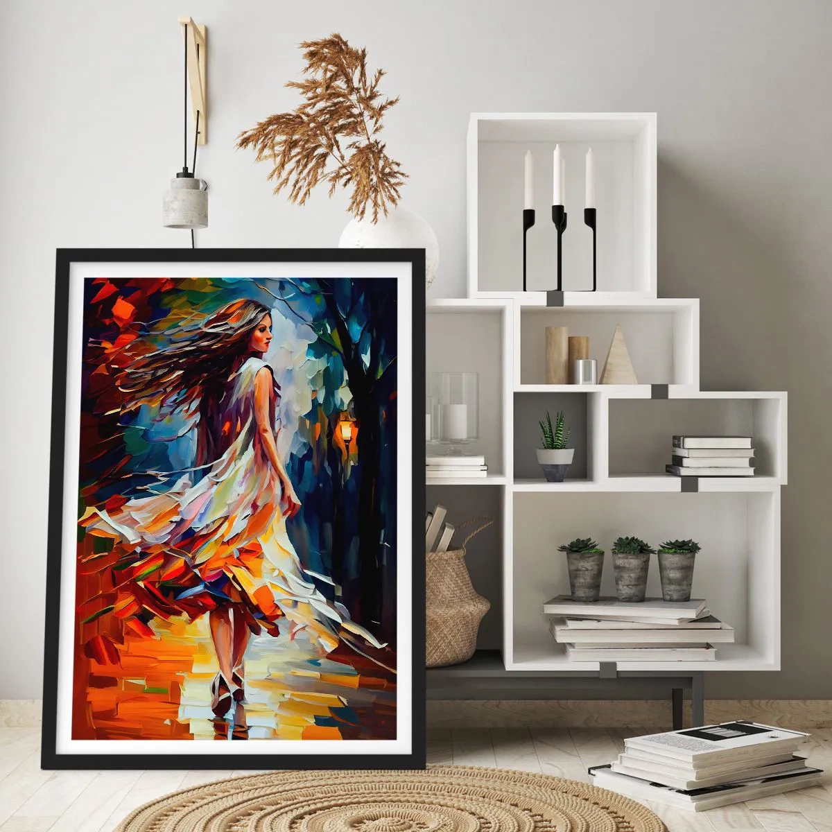 Affisch i svart ram - En kvinna som dansar bland färgglada höstlöv - 50x70cm - Höstflicka - Modern väggdekoration för vardagsrum och sovrum ARTTOR