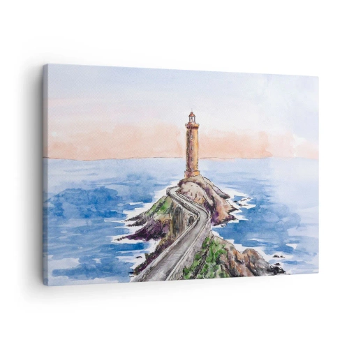 Canvastavla - Bild på duk - En fyr på en klippig strand - 70x50cm - Vänd mot havet - Modern väggdekoration för vardagsrum och sovrum ARTTOR