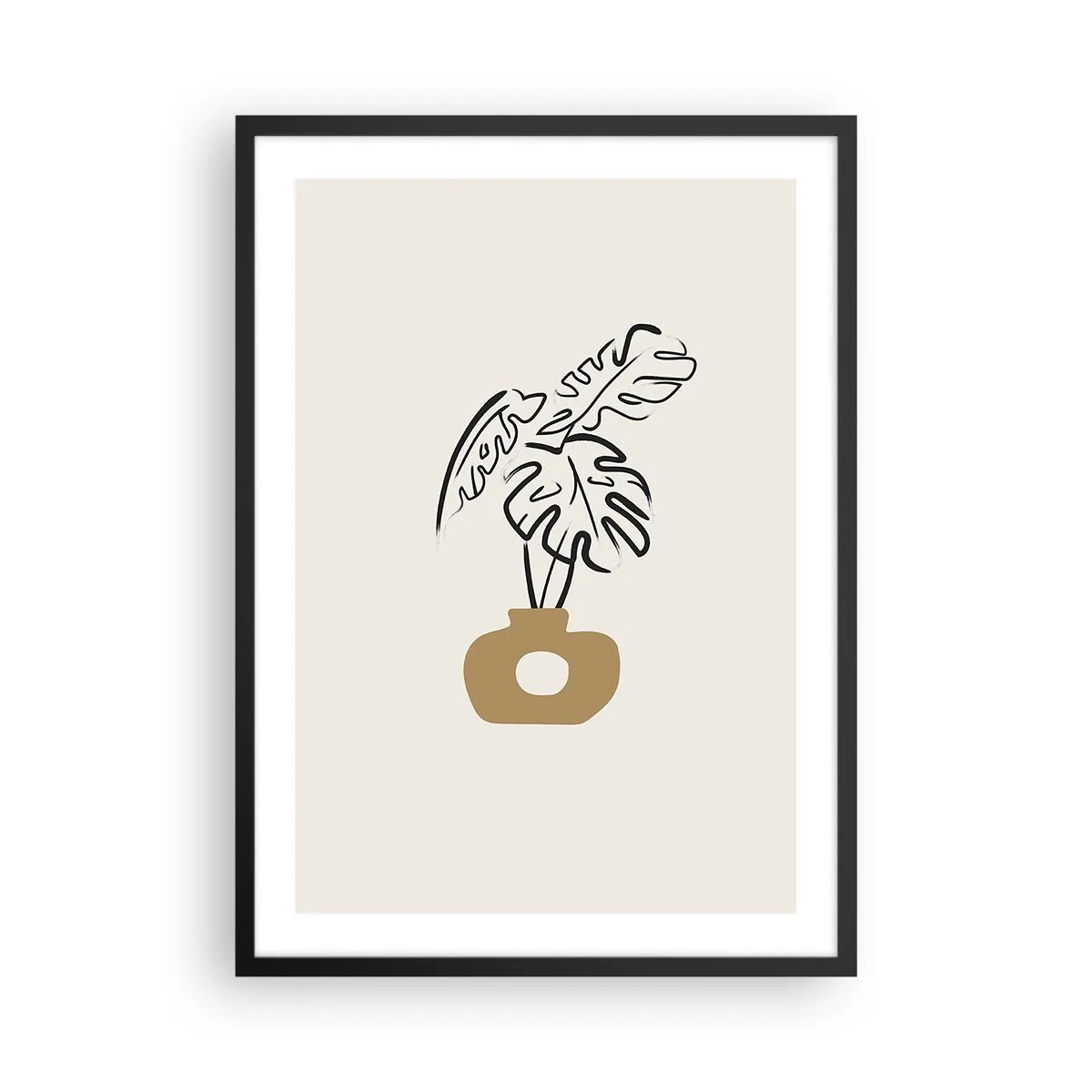 Affisch i svart ram - En minimalistisk teckning av en monstera i en vas - 50x70cm - Monstera -husdekoration - Modern väggdekoration för vardagsrum och sovrum ARTTOR