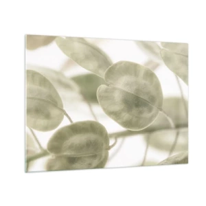Glastavla - Bild på glas - Närbild av löv i mjuka pastellgröna nyanser - 70x50cm - I början fanns det löv... - Modern väggdekoration för vardagsrum och sovrum ARTTOR