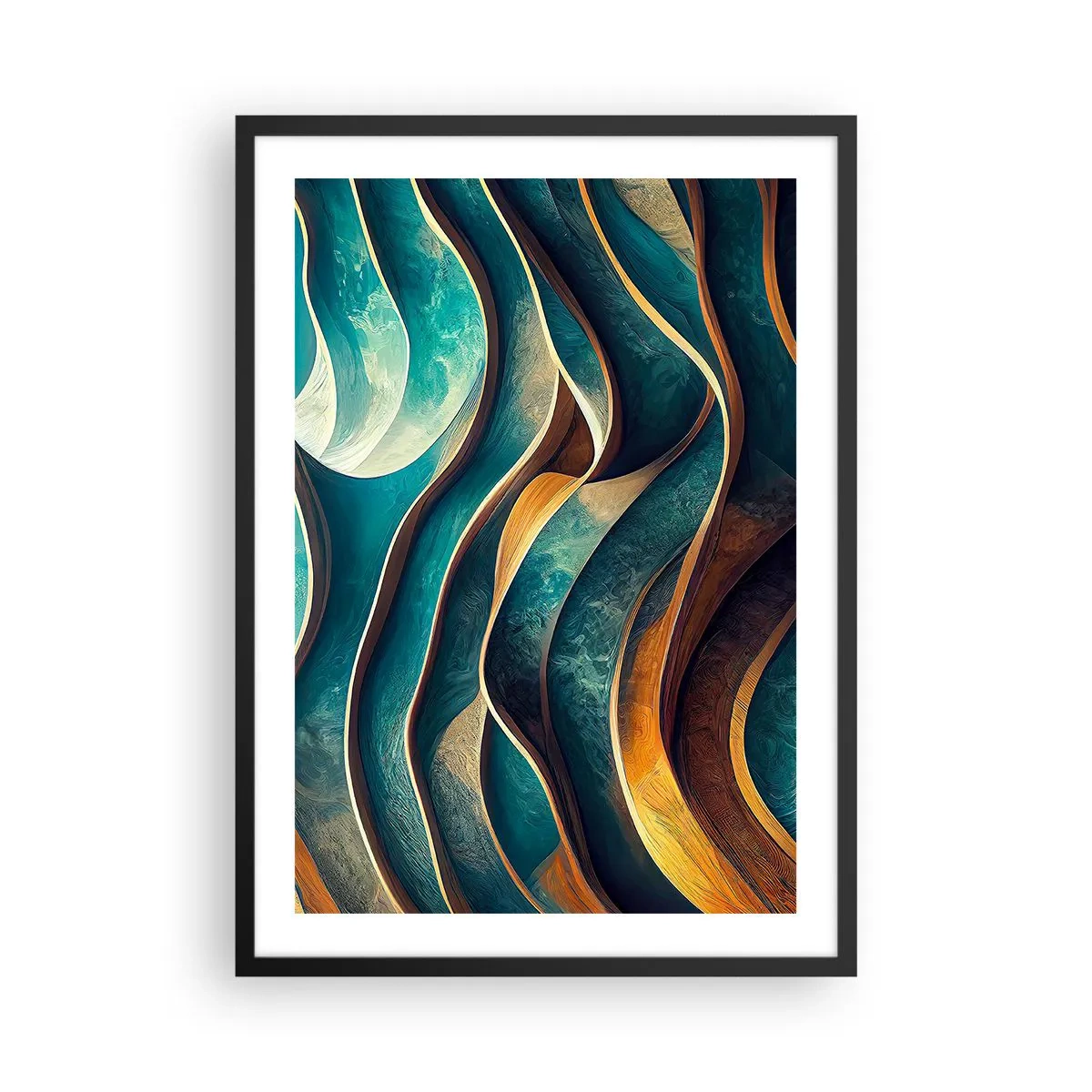 Affisch i svart ram - En abstrakt komposition av vågiga former i turkosa nyanser. - 50x70cm - Meandrar av blått - Modern väggdekoration för vardagsrum och sovrum ARTTOR