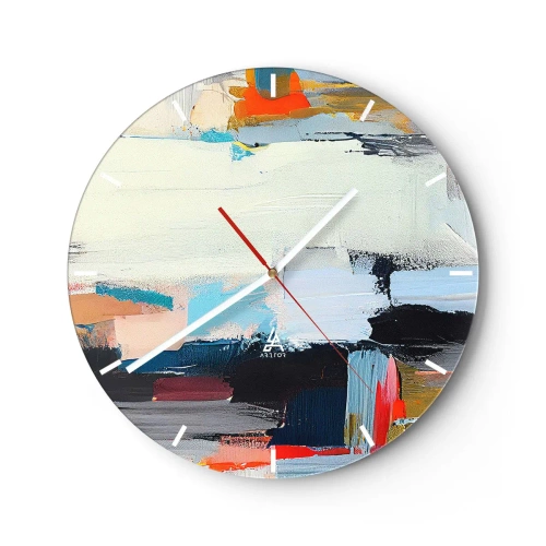 Väggklocka - Klocka på glas - En abstrakt komposition av färgglada fläckar och geometriska ränder. - 30x30cm - Finns det någon metod? - Modern väggdekoration för vardagsrum, kök och sovrum ARTTOR