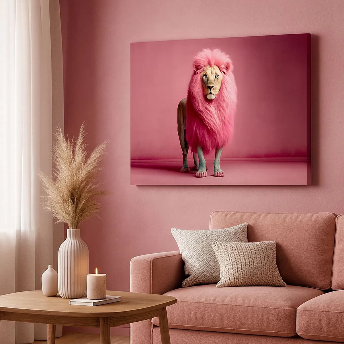 Canvastavla - Bild på duk - Ett konstnärligt återgivet lejon med rosa man på rosa bakgrund - 70x50cm - Och du är inte längre rädd - Modern väggdekoration för vardagsrum och sovrum ARTTOR