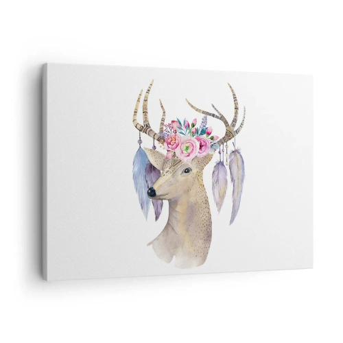 Canvastavla - Bild på duk - Romantisk hjortgrafik med blommor och fjädrar - 70x50cm - Själguide - delikat, oskyldig - Modern väggdekoration för vardagsrum och sovrum ARTTOR