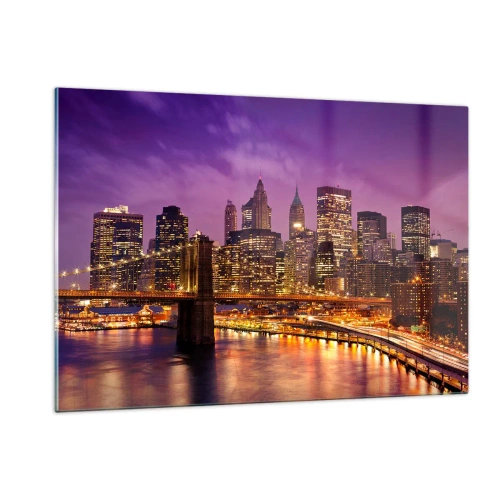 Glastavla - Bild på glas - Manhattan i violett och guld - 120x80 cm