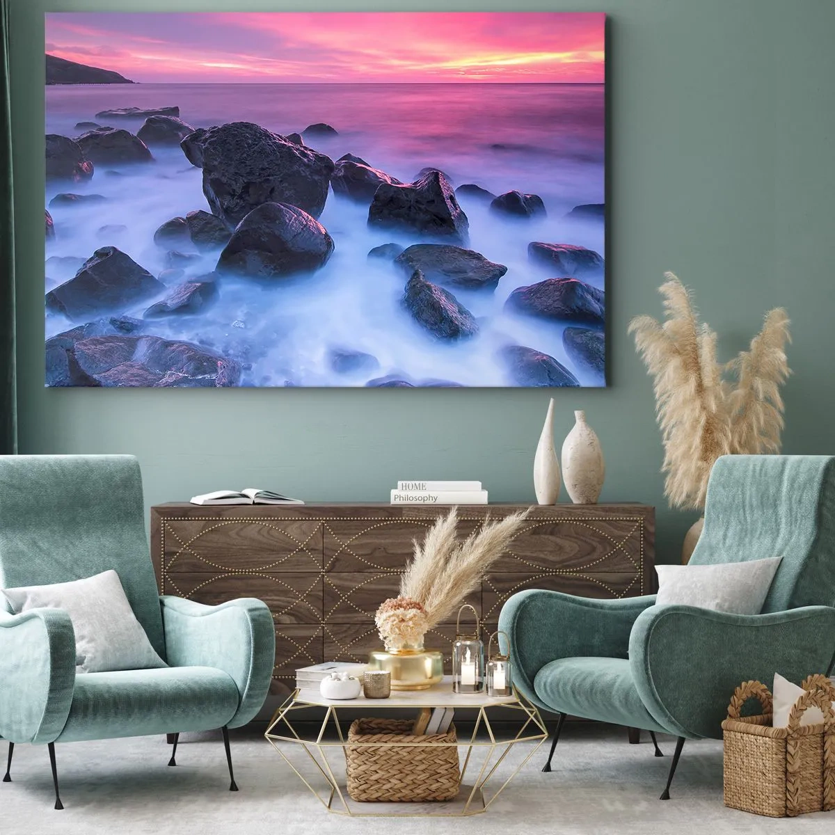 Canvastavla - Bild på duk - Klippig kust vid solnedgången - 70x50cm - Dimma och sken - Modern väggdekoration för vardagsrum och sovrum ARTTOR