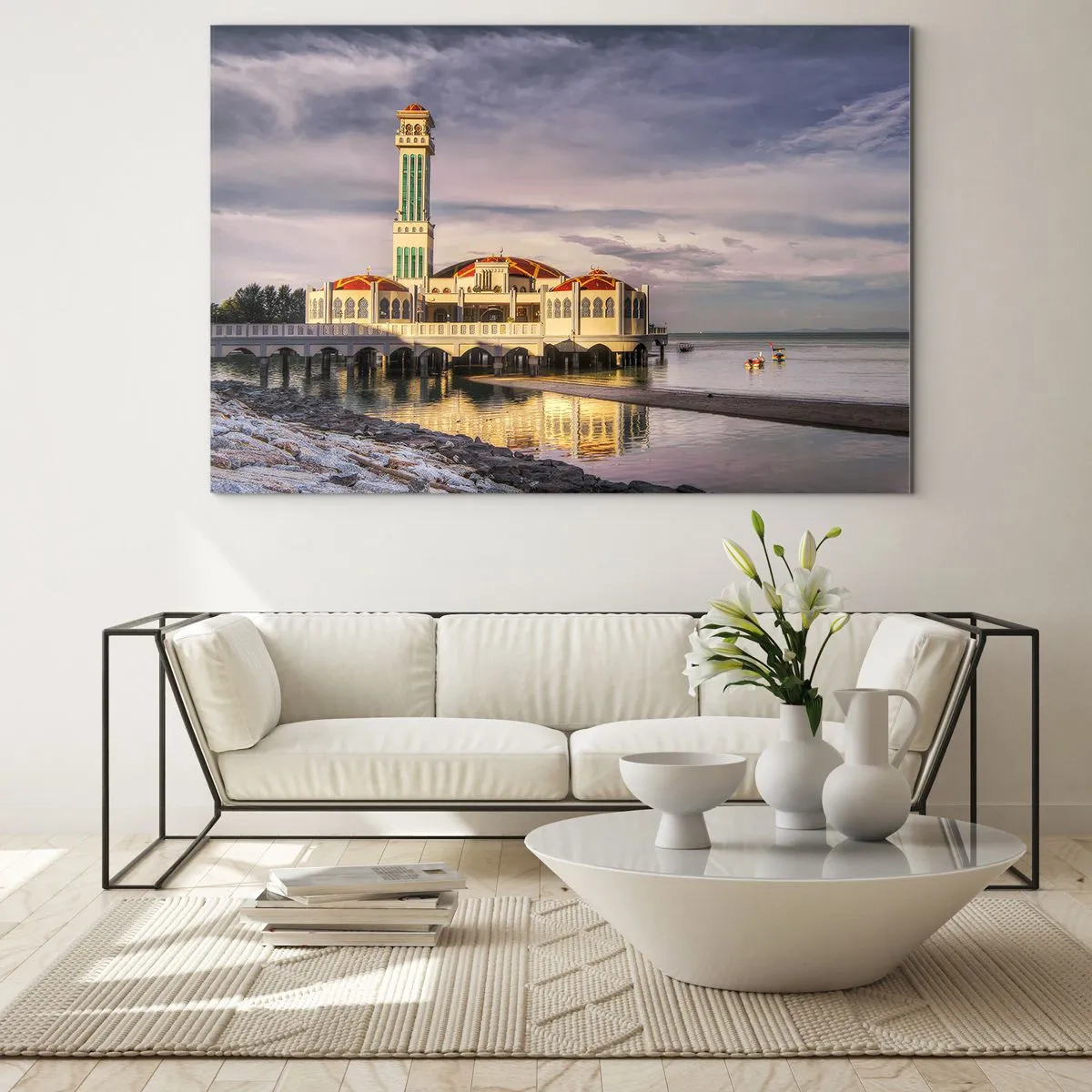Glastavla - Bild på glas - Moskén vid vattnet i ett pittoreskt ljus - 70x50cm - Naturens tempel - Modern väggdekoration för vardagsrum och sovrum ARTTOR