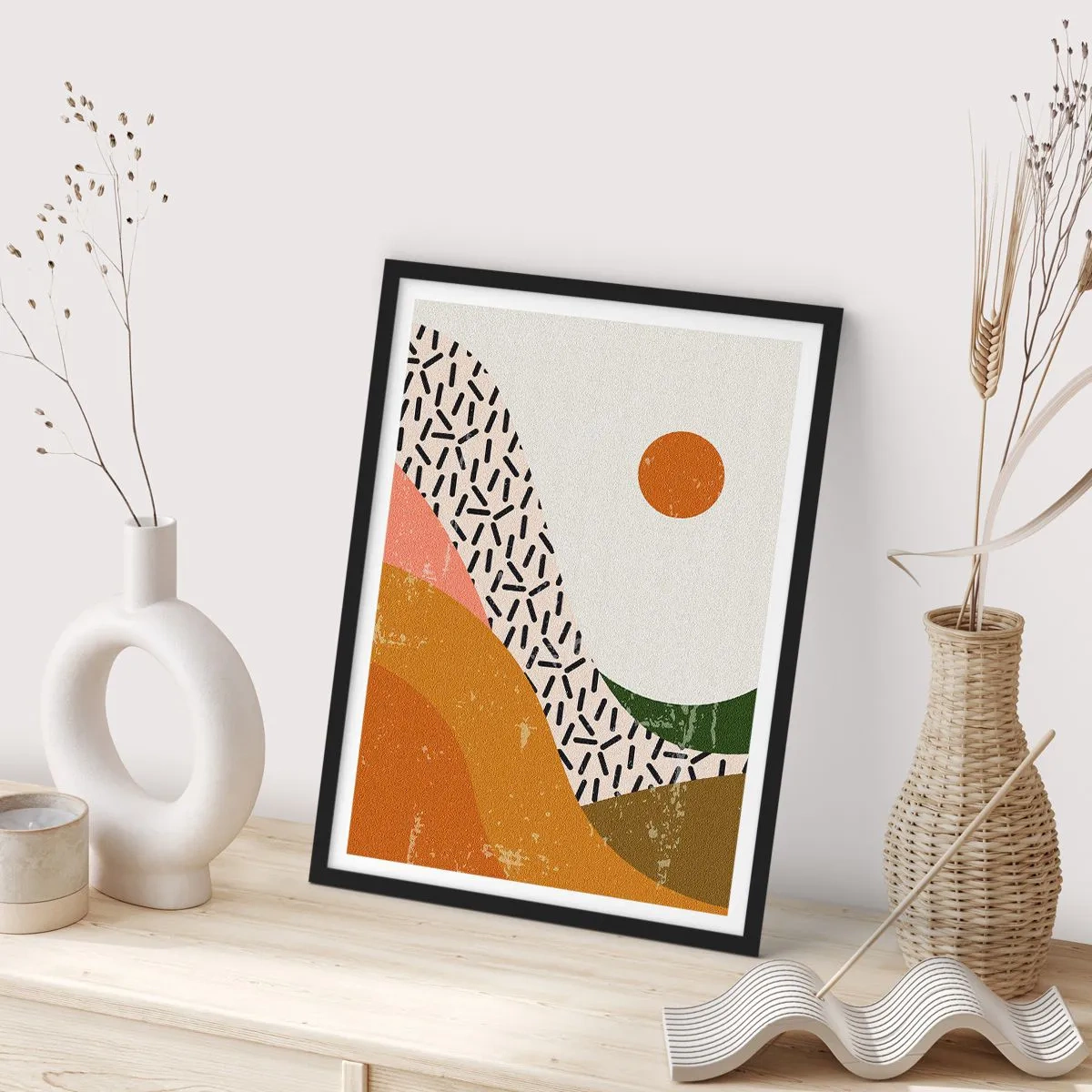 Affisch i svart ram - Abstrakt landskap i varma färger - 50x70cm - Solig abstraktion - Modern väggdekoration för vardagsrum och sovrum ARTTOR