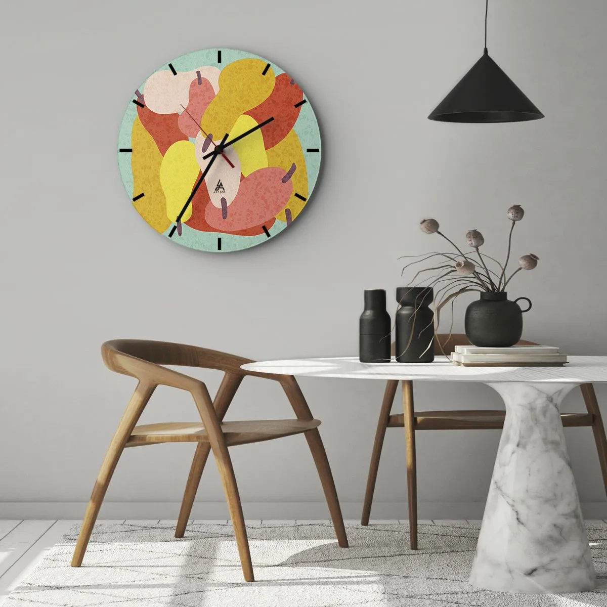 Väggklocka - Klocka på glas - Färgglada päron i grafisk stil mot turkos bakgrund - 30x30cm - Smaka på sommarsolen - Modern väggdekoration för vardagsrum, kök och sovrum ARTTOR