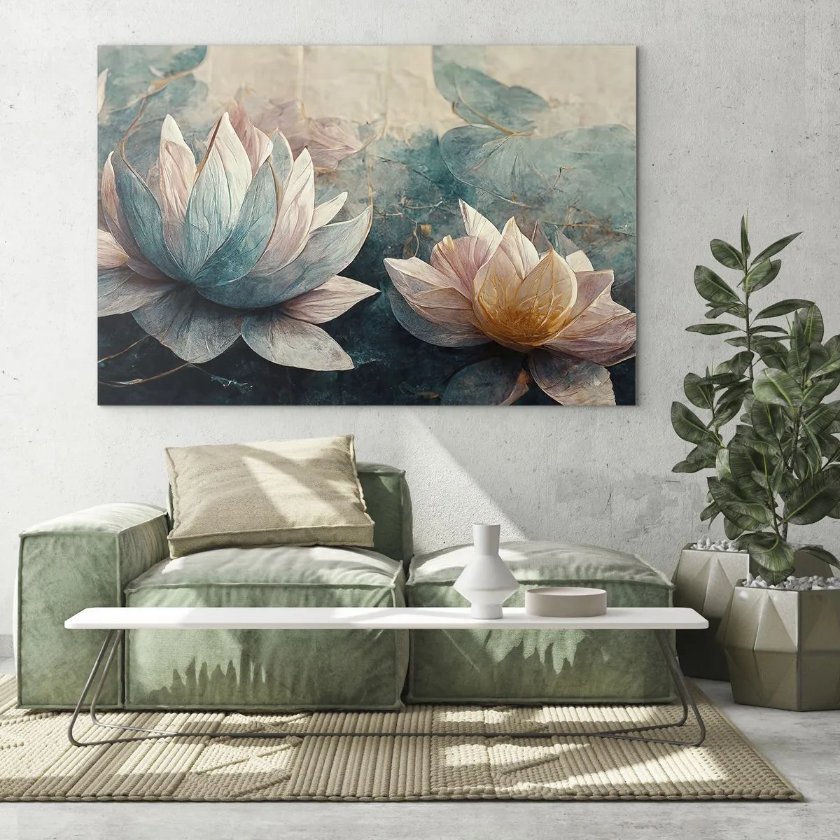 Glastavla - Bild på glas - Konstnärlig representation av lotusblommor mot en bakgrund av vattenblad. - 70x50cm - Stjärnor i en sjö - Modern väggdekoration för vardagsrum och sovrum ARTTOR