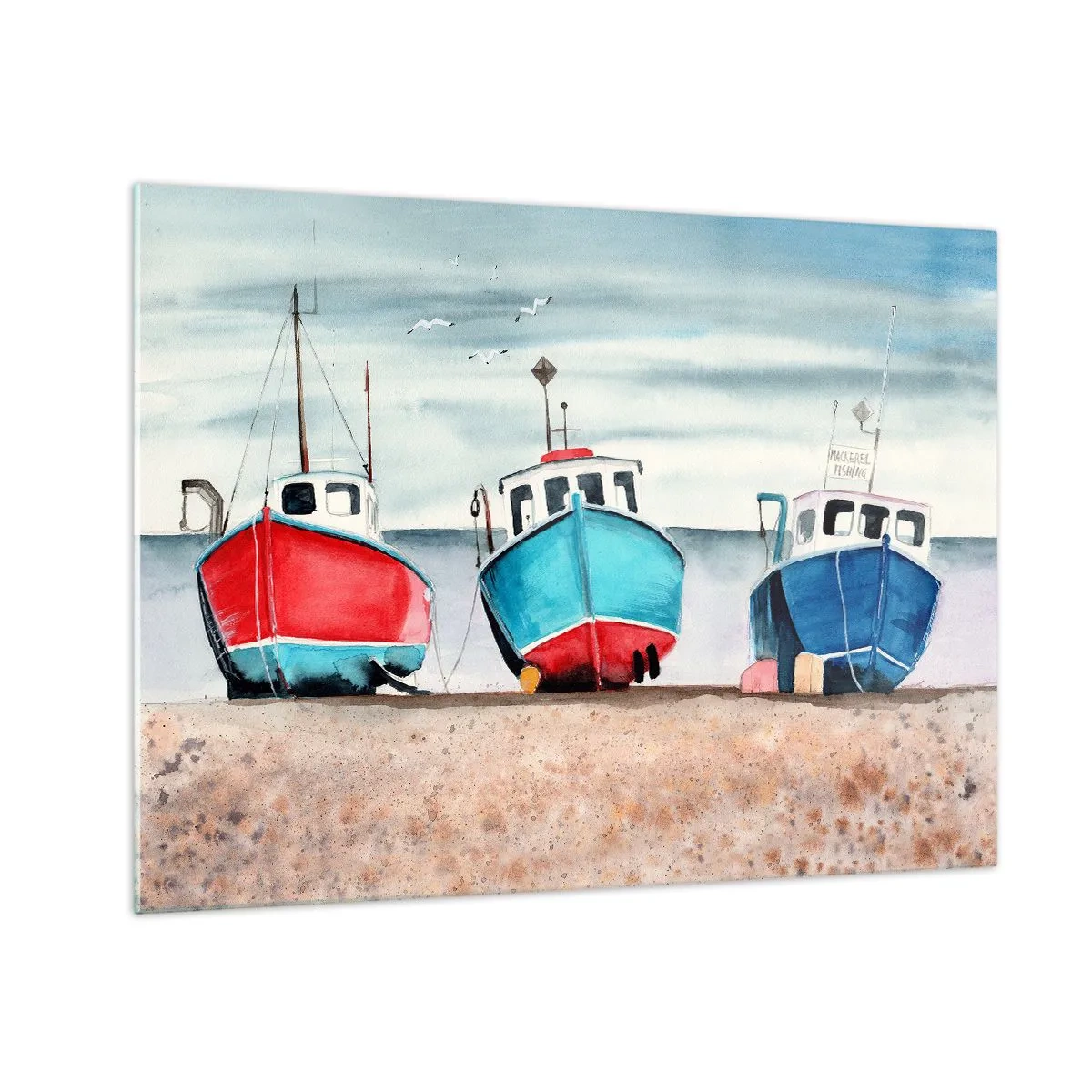 Glastavla - Bild på glas - Tre färgglada fiskebåtar på stranden - 70x50cm - Redo för fångst - Modern väggdekoration för vardagsrum och sovrum ARTTOR