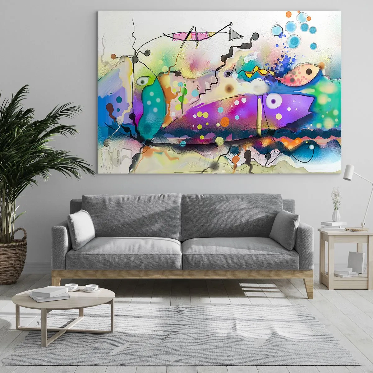 Glastavla - Bild på glas - Abstrakt komposition med färgglada former och linjer - 70x50cm - Det saknas ord! - Modern väggdekoration för vardagsrum och sovrum ARTTOR