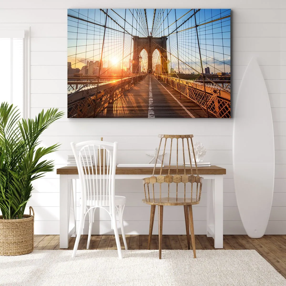 Canvastavla - Bild på duk - Bron i ljuset av den nedgående solen med utsikt över staden - 70x50cm - På guldbron - Modern väggdekoration för vardagsrum och sovrum ARTTOR