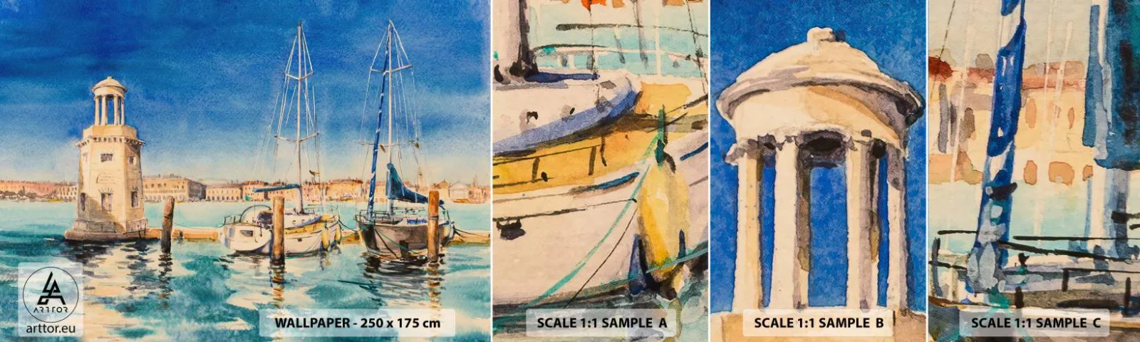 Provbit av självhäftande fototapet Deluxe Sticker - Solig lagun - hamn, Landskap, Fyr - 100x30 cm