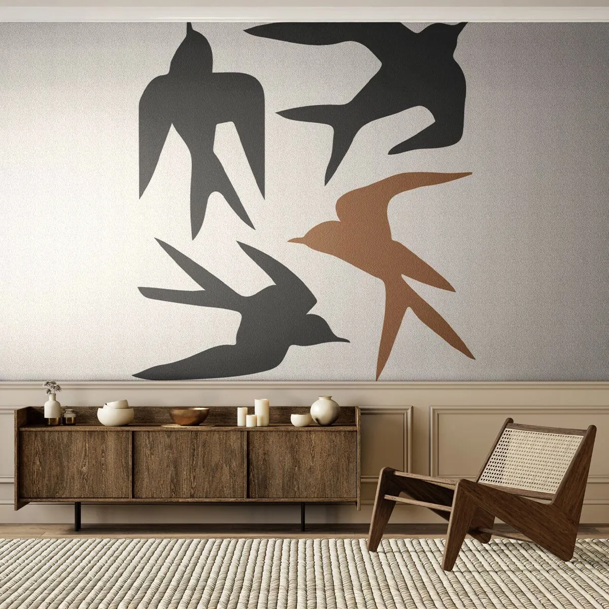 Fototapet Premium Canvas - Svalornas lek - Boho, Fåglar, Minimalism - 250x175 cm