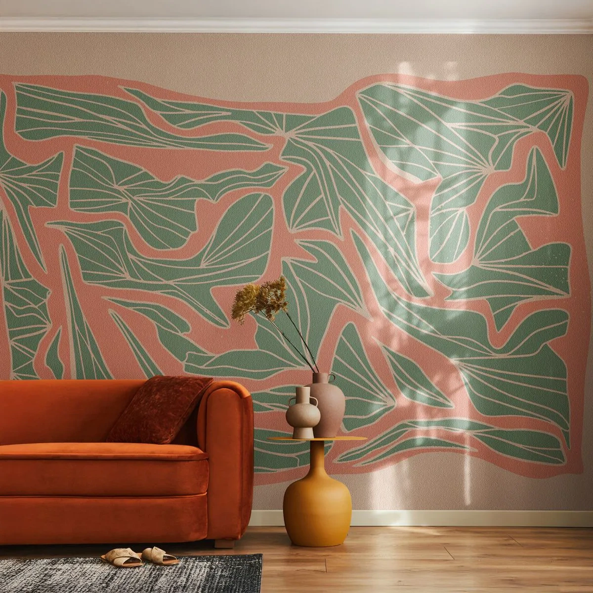Fototapet Premium Canvas - En kamp mellan korall och grönt - Boho, Pastell, Bit - 250x175 cm