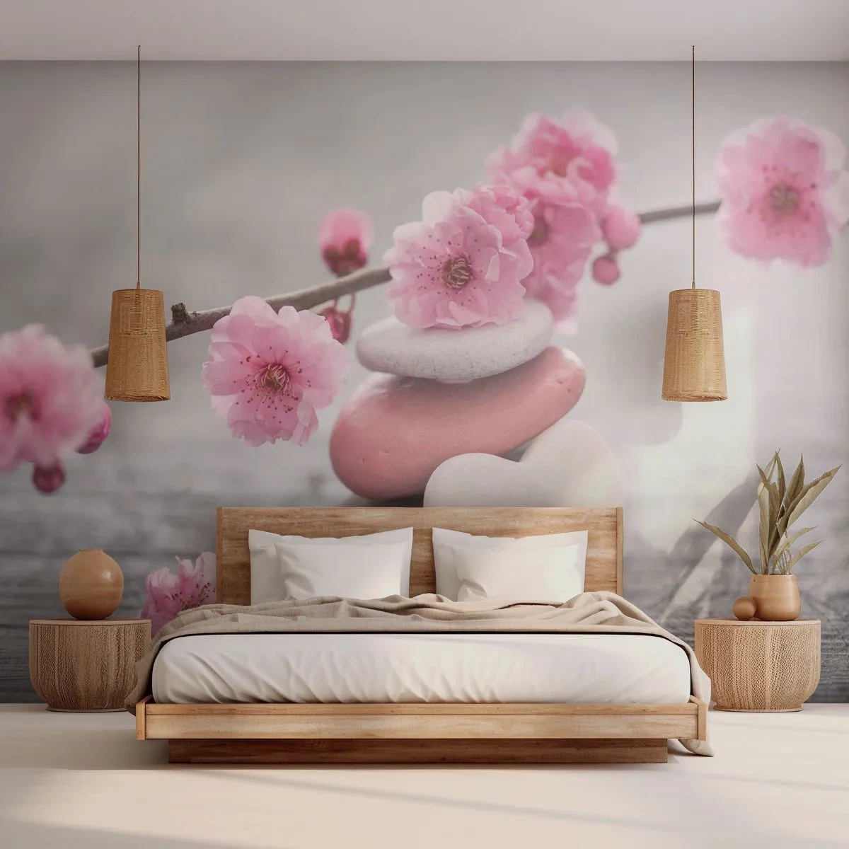 Självhäftande Fototapet Deluxe Sticker - Salighet med körsbärsblomma - Hjärta, Blomma, Stenar - 250x175 cm