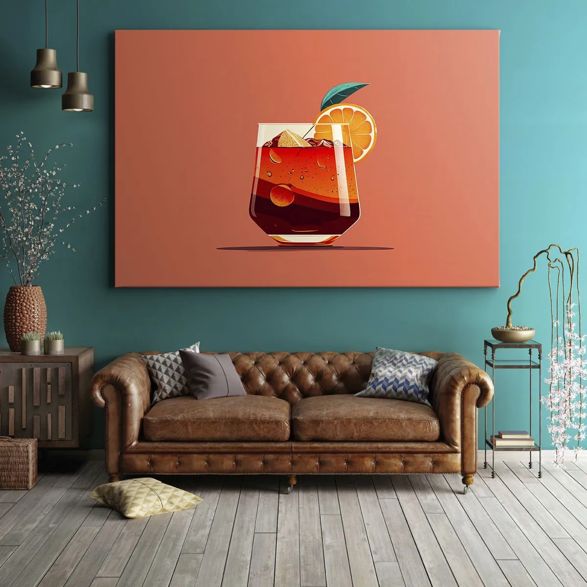 Canvastavla - Bild på duk - Ett glas dryck och en apelsinskiva på en orange bakgrund - 70x50cm - Sommarens förfriskning - Modern väggdekoration för vardagsrum och sovrum ARTTOR