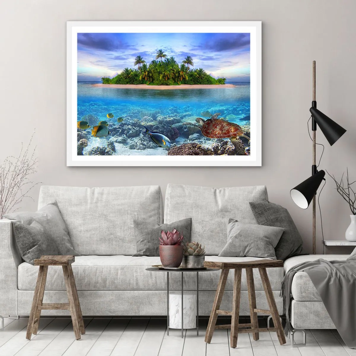 Affisch i vit ram - Himmelska ön hälsar välkommen - 91x61 cm
