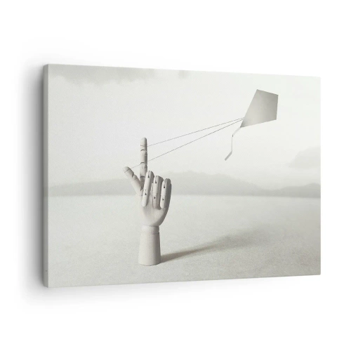 Canvastavla - Bild på duk - En minimalistisk trähand med en drake mot en landskapsbakgrund. - 70x50cm - Test av styrka - Modern väggdekoration för vardagsrum och sovrum ARTTOR
