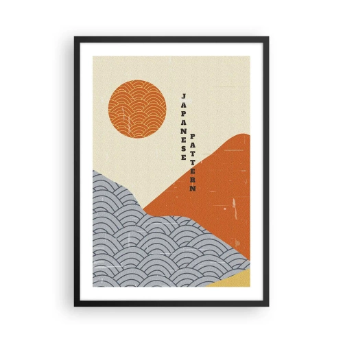 Affisch i svart ram - Minimalistiskt japanskt mönster med vågor och sol - 50x70cm - I den japanska andan - Modern väggdekoration för vardagsrum och sovrum ARTTOR