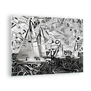 Glastavla - Bild på glas - Svartvit abstraktion med segelbåtar och geometriska mönster - 70x50cm - Mellan vågorna - Modern väggdekoration för vardagsrum och sovrum ARTTOR