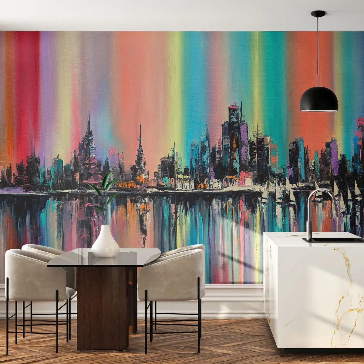 Självhäftande Fototapet Deluxe Sticker - Nattens ljus - Stad, Arkitektur, Flod - 250x175 cm