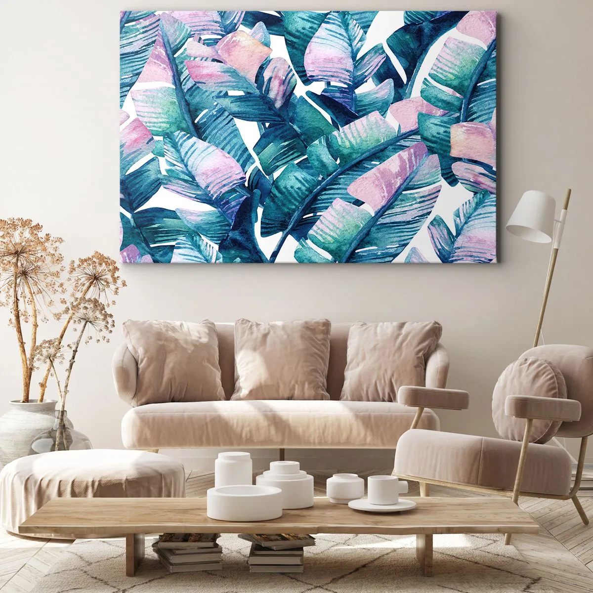 Canvastavla - Bild på duk - Bananblad i nyanser av blått och rosa - 70x50cm - I bananträdgård - Modern väggdekoration för vardagsrum och sovrum ARTTOR