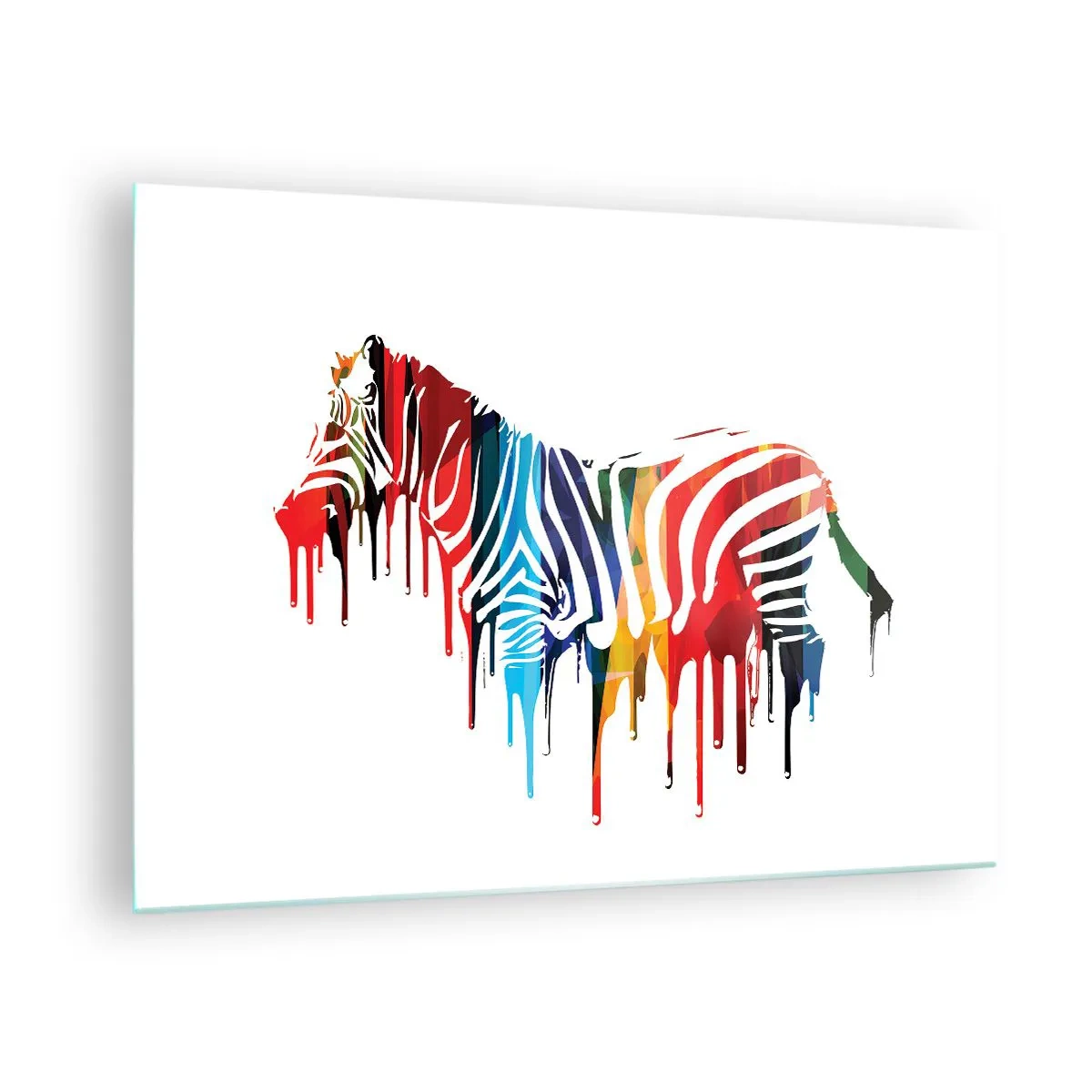 Glastavla - Bild på glas - En färgglad zebra i abstrakt form med en droppande färgeffekt. - 70x50cm - Inte bara svart-vitt - Modern väggdekoration för vardagsrum och sovrum ARTTOR