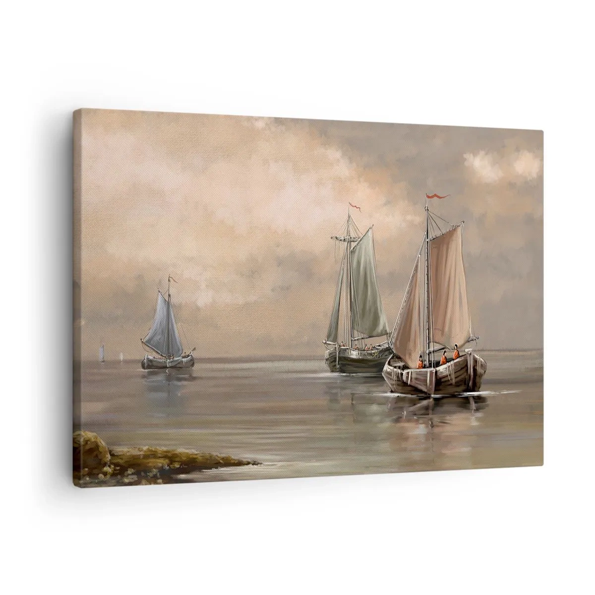 Canvastavla - Bild på duk - Segelbåtar på ett lugnt hav i en pastellfärgad miljö - 70x50cm - Seglarnas hemkomst - Modern väggdekoration för vardagsrum och sovrum ARTTOR