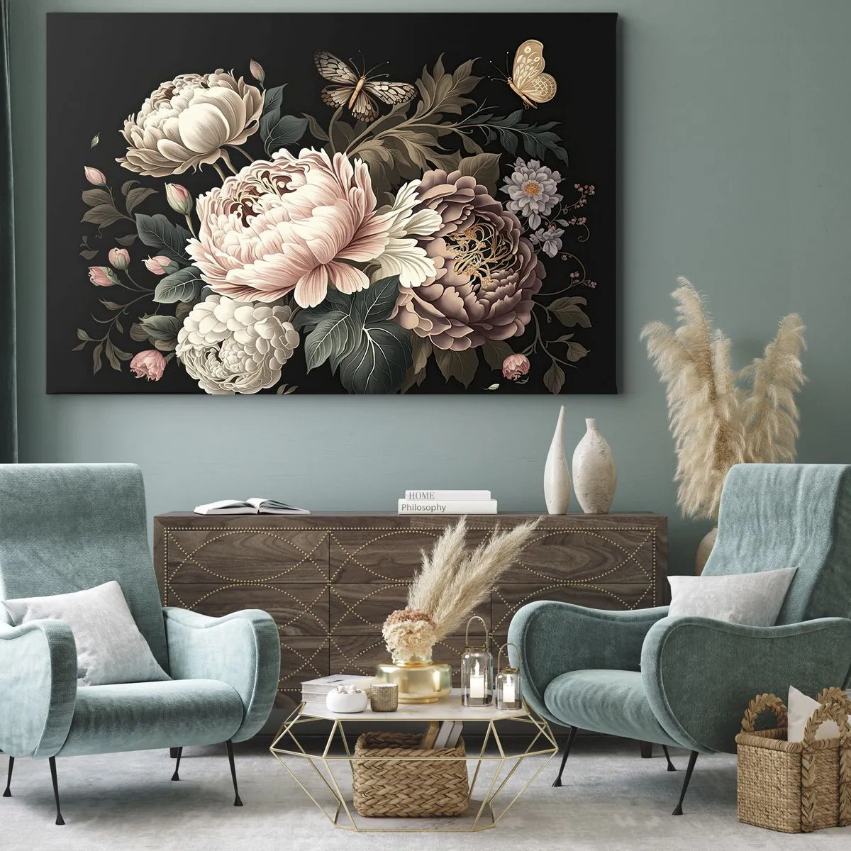 Canvastavla - Bild på duk - En bukett av rosa blommor och fjärilar på svart bakgrund - 70x50cm - I barockstil - Modern väggdekoration för vardagsrum och sovrum ARTTOR