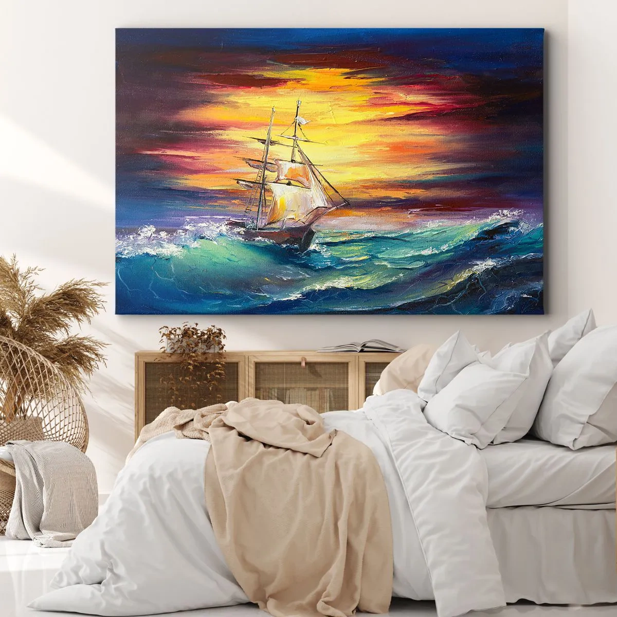Canvastavla - Bild på duk - Ett segelfartyg mot bakgrund av en färgglad solnedgång - 70x50cm - Modigt mot vågorna - Modern väggdekoration för vardagsrum och sovrum ARTTOR
