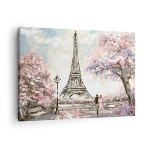 Canvastavla - Bild på duk - Eiffeltornet omgivet av blommande träd - 70x50cm - Aprilpromenad i Paris - Modern väggdekoration för vardagsrum och sovrum ARTTOR