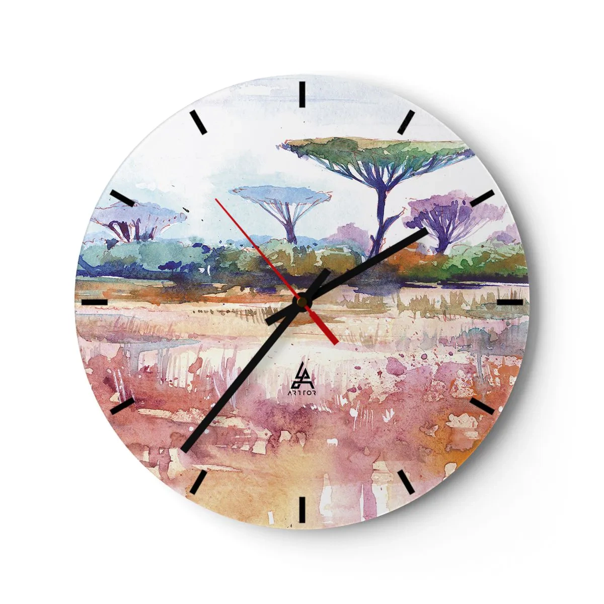Väggklocka - Klocka på glas - Ett akvarell savannlandskap med karakteristiska träd - 30x30cm - Savannens färg - Modern väggdekoration för vardagsrum, kök och sovrum ARTTOR