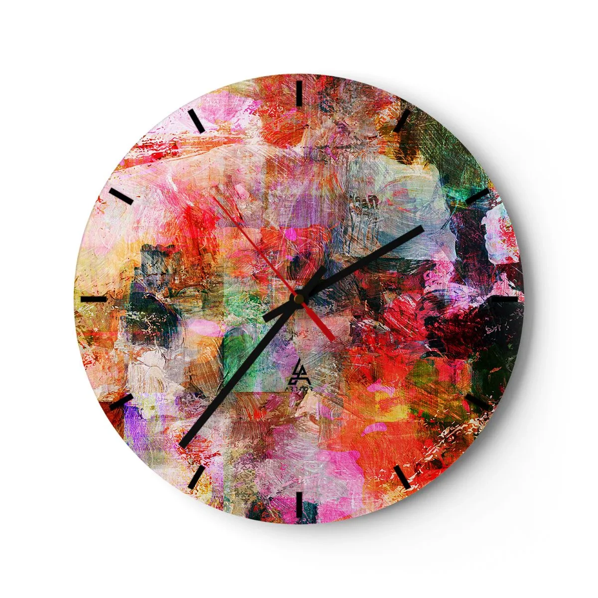 Väggklocka - Klocka på glas - En abstrakt komposition i livfulla rosa och röda färger. - 30x30cm - En resa genom det rosa - Modern väggdekoration för vardagsrum, kök och sovrum ARTTOR